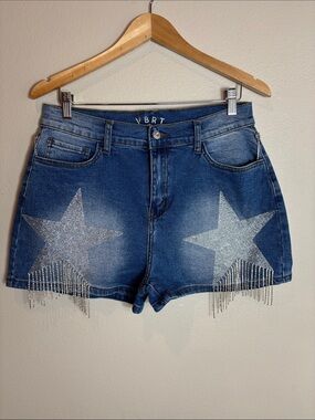 VRBT Rhinestone Star & Fringe Jean/Denim Shorts Large